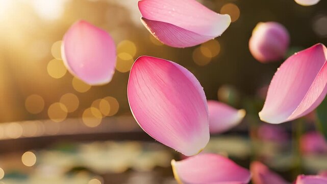 Ultra realistic blush lotus petals float through calm air with soft pink gradients and warm sunrise light, creating a premium spa wellness background with elegant cinematic copy space.