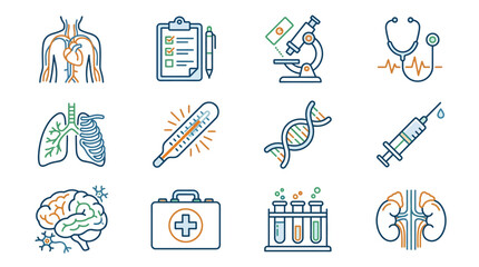 Industrial Style of Medical and Healthcare Icons with Minimalist Line Art in Blue Green and Orange © Anjani
