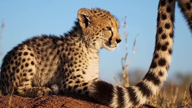Close-up of a young cheetah cub lying low on the savanna ground, watching intently with expressive eyes in the wild.