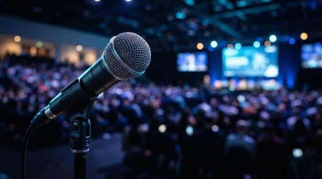 Close-up of a microphone in focus with a blurred audience and blue-lit stage for live events.