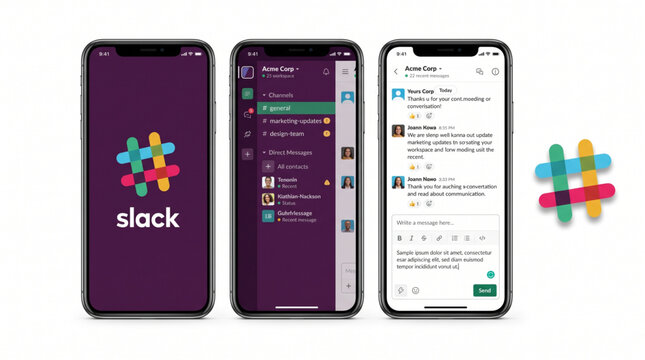 Slack Social Media Mockup. Template showcasing Workplace Communication App Interface on Smartphone Screens including Splash Screen Sidebar Navigation and Chat Conversation UI Layout Mobile App Design.