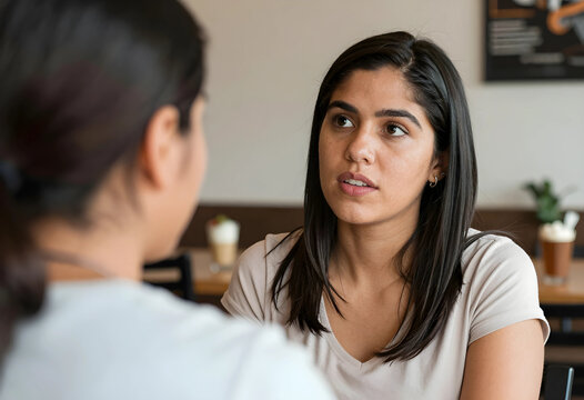 Young woman listening intently to a friend during a casual conversation in a cafe setting, the interaction involves focused communication and thoughtful dialogue between two people