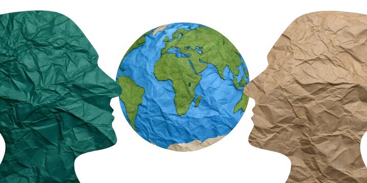 Two human profiles facing each other with a planet earth globe in the middle