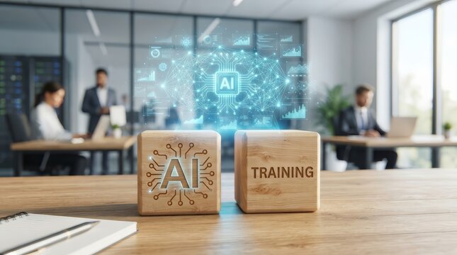 Wooden blocks representing AI training with a futuristic digital network hologram in a corporate office.
