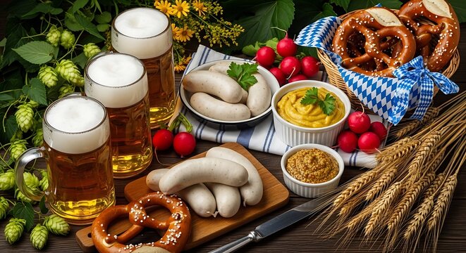Traditional Bavarian feast with white sausages, pretzels, mustard and beer in glass mugs