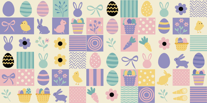 Geometric seamless pattern with easter icons elements for wrapping paper, background, wallpaper. Trendy modern contemporary abstract print.