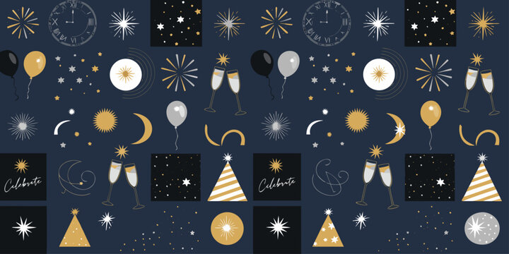 Geometric seamless pattern with new year icons elements for wrapping paper, background, wallpaper. Trendy modern contemporary abstract print.