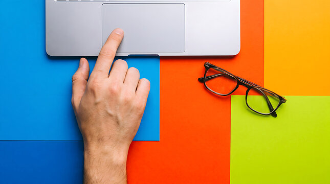 Hand touching laptop trackpad on colorful geometric background with eyeglasses nearby