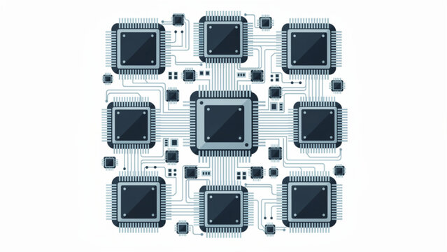 Close-up of a microchip circuit board with interconnected electronic components in silver and blue colors
