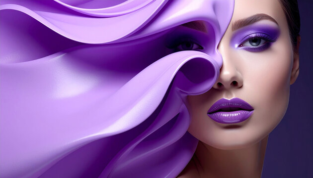 High-fashion beauty portrait of a beautiful woman with luxury purple makeup, partially framed by elegant flowing waves of smooth violet satin fabric against a soft artistic backdrop.