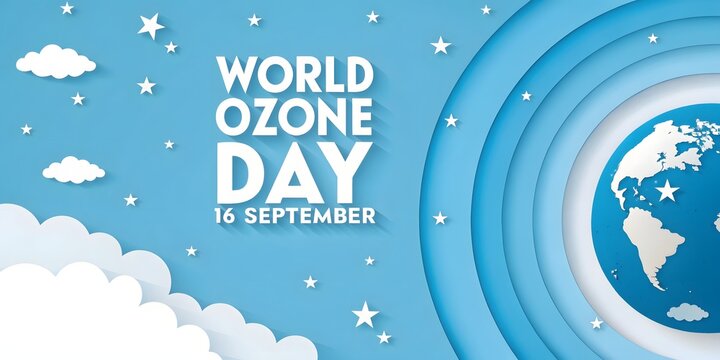 World ozone day banner with planet earth and clouds in blue sky background
