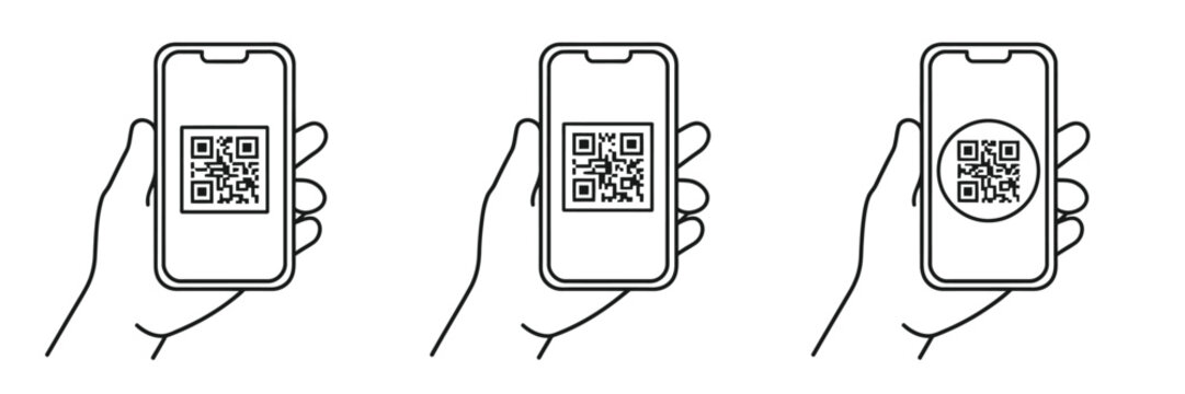 QR code scanning icon set, smartphone barcode scanner, hand holding mobile phone, digital payment, mobile app, web interface, editable stroke vector, transparent background.