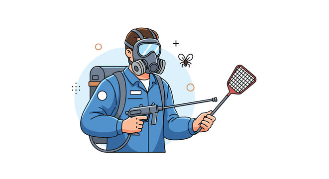 Professional exterminator wearing gas mask and blue uniform holds chemical sprayer and swatter while standing against a decorative background.