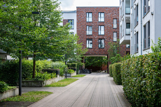 Backyard of a modern apartment building in summer
