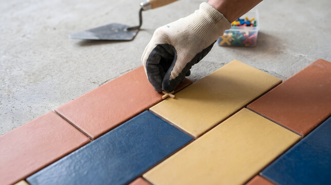 Worker wearing gloves laying colorful floor tiles during construction work