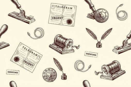 Seamless pattern of vintage telegrams, inkwells, quill pens, and telegraph machines on a light beige background, historical communication theme