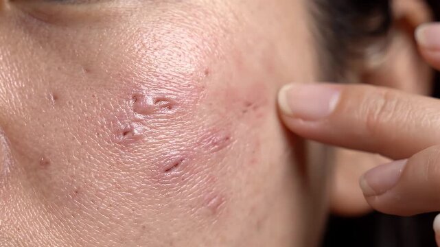 Detailed macro view of inflamed acne lesions and deep pitted scars on human facial skin requiring dermatological care.