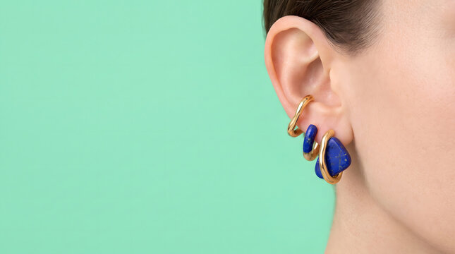 Woman wearing lapis lazuli and gold hoop earrings in close-up side profile