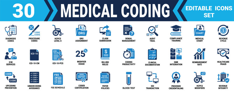 Set of thirty medical coding and healthcare billing flat icons for professional hospital documentation Minimal solid fill icon set bundle collection. Editable Vector Illustration Mega pack