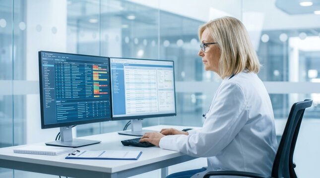 Experienced nurse working with medical records and clinical coding on desktop screens.