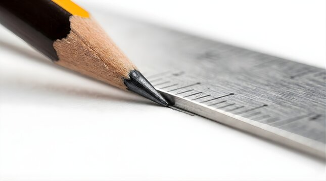 Close up of a wooden pencil drawing a line along a metal ruler on white paper