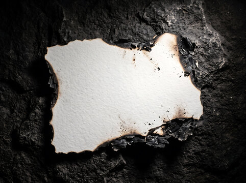 A single piece of white paper burning with orange flames on a dark textured concrete floor