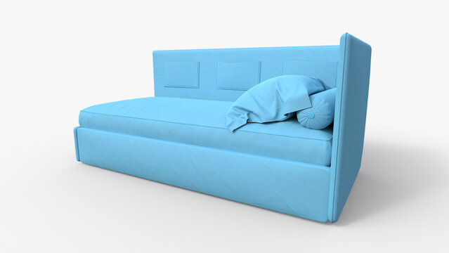 Blue Single Bed 3D Rendering 