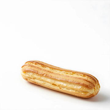 Single eclair pastry with golden choux dough and creamy filling, isolated on a clean white background, this classic French dessert highlights the texture of the baked dough and the smooth
