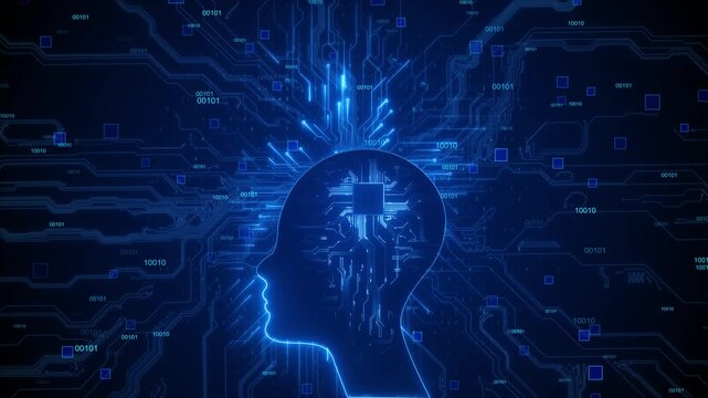 Artificial intelligence head glowing blue circuits, binary code, digital brain silhouette, network light paths. AI , machine learning explainers, automation promos, tech intros, software visuals.