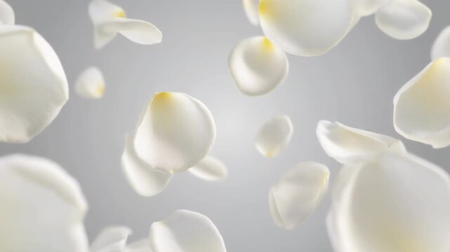 Ultra realistic white rose petals float through still air with velvety ivory textures and glowing translucent edges, creating a premium wedding luxury background with elegant cinematic copy space.