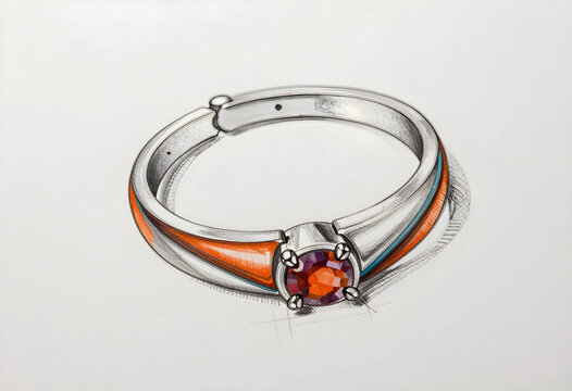 Hand-drawn jewelry design sketch of a ring with a red gemstone and colored accents on white paper, the ring band includes subtle orange and blue colored accents