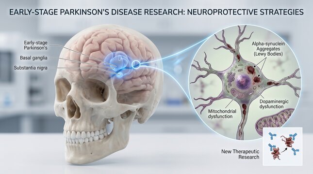 Early Parkinson's disease research on neuroprotective strategies. Scientists analyzing brain neuron degeneration prevention in medical lab.