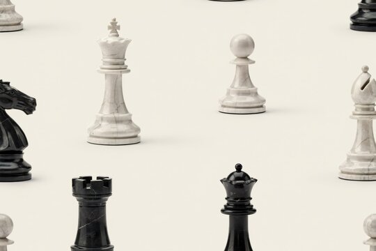 Seamless pattern with black and white marble chess pieces including king, queen, rook, bishop, and pawn on a plain light cream background