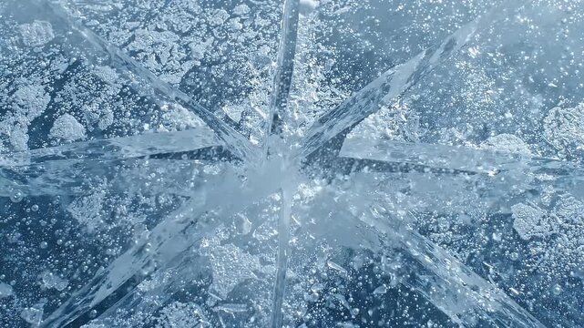 Close-up abstract texture of thick frozen blue lake ice with a radial crack pattern and trapped air bubbles for winter backgrounds.