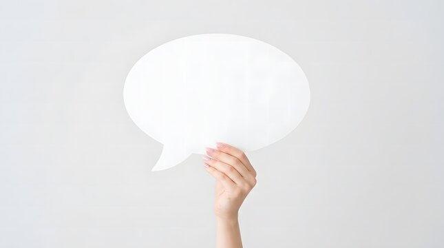 Hand holding blank speech bubble for communication and messaging concepts