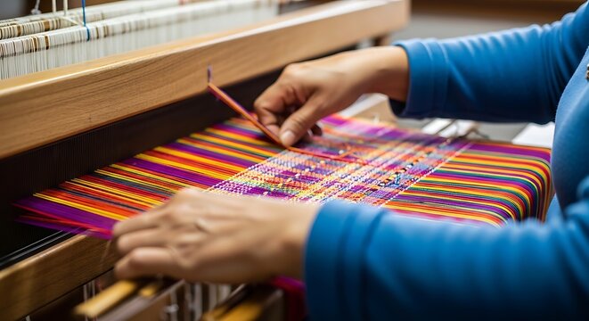 Close-up of hands weaving colorful threads on a wooden loom, creating fabric