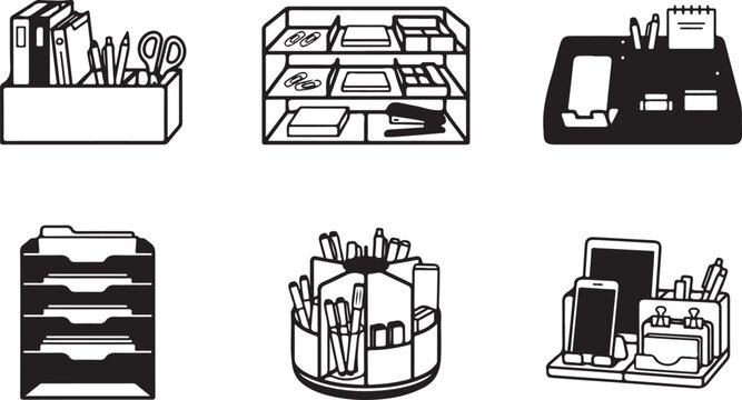 Six office desk organizers with stationery items illustration Vector