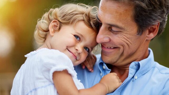 Father holding young daughter outdoors, tender family bond in natural light, child resting on parent shoulder, caring embrace, childhood trust, generational love, portrait, autumn background