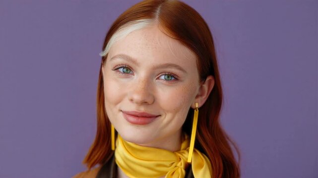 Red haired model with blonde face framing streak on purple backdrop, yellow scarf earrings, freckles blue eyes, bold hair color, beauty diversity, personal style, modern fashion portrait