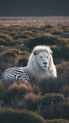 Obraz premium Majestic white lion with zebra stripes blending into the savanna.