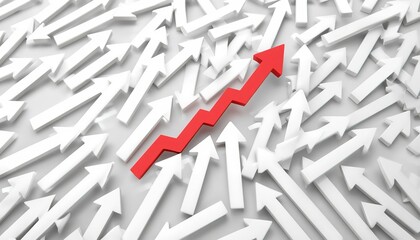 Fototapeta premium Bright red arrow pointing upwards stands out among many plain white arrows representing growth success leadership and unique business vision