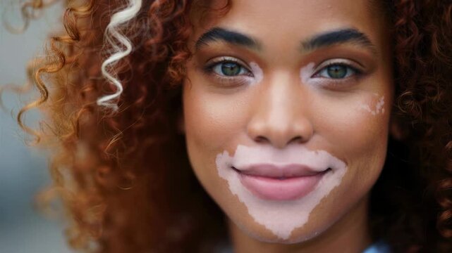 Vitiligo portrait with silver hair streak, curly red hair close-up, visible difference awareness, beauty inclusivity, natural aging, pro aging skincare, self love confidence, body neutrality