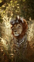 Obraz premium Lion in a zebra costume, hidden in tall grass.