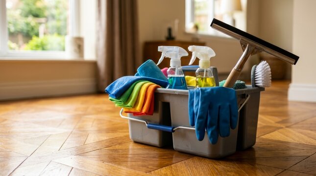 A cleaning cart with spray bottles and colorful towels sits in a bright room.