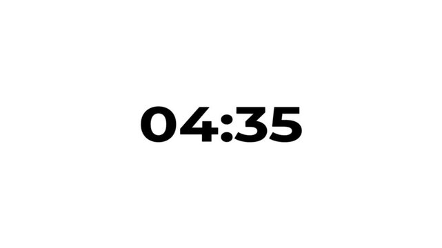 5Minute countdown animation .Digital Countdown timer one minute animation from 300to0 seconds on transparent background.5 minutes countdown timer animation.4k video white background