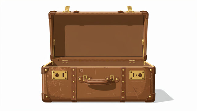 Vintage brown leather suitcase open with empty interior on white background ideal for travel or storage scenes