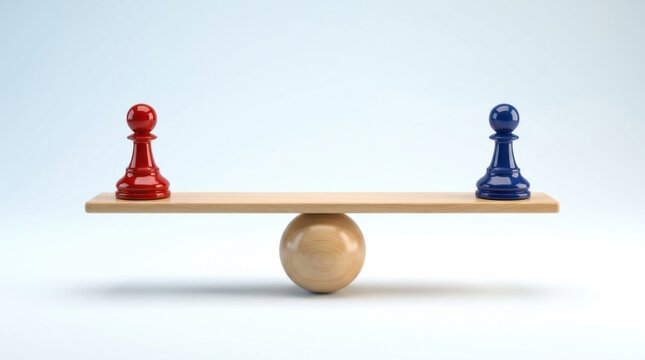 Red and blue chess pieces on a wooden seesaw. Concept of business balance and competition.