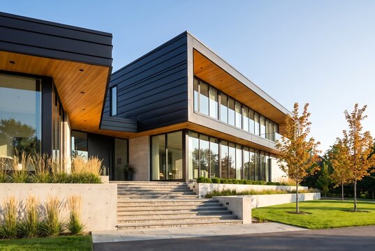 Modern luxury house exterior with contemporary architecture, large glass windows, black metal siding, and wooden soffits, set in a landscaped garden
