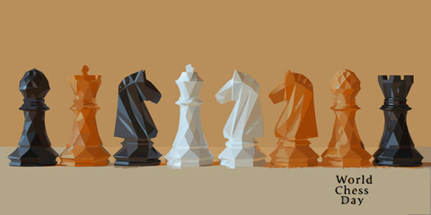 Geometric Chess Pieces Lineup Against A Tan Background © Indira