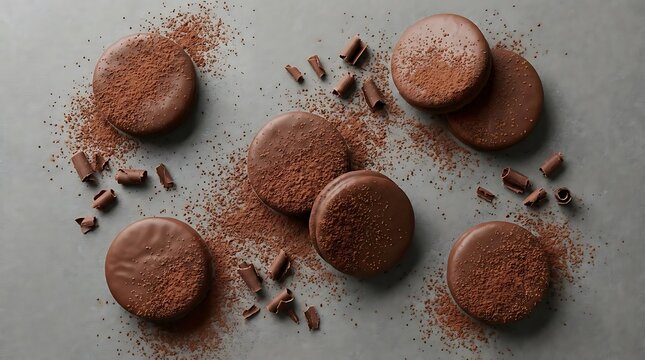 A top down view of chocolate covered oreo cookies dusted with cocoa powder and garnished with chocolate shavings on a smooth grey surface for a dessert treat